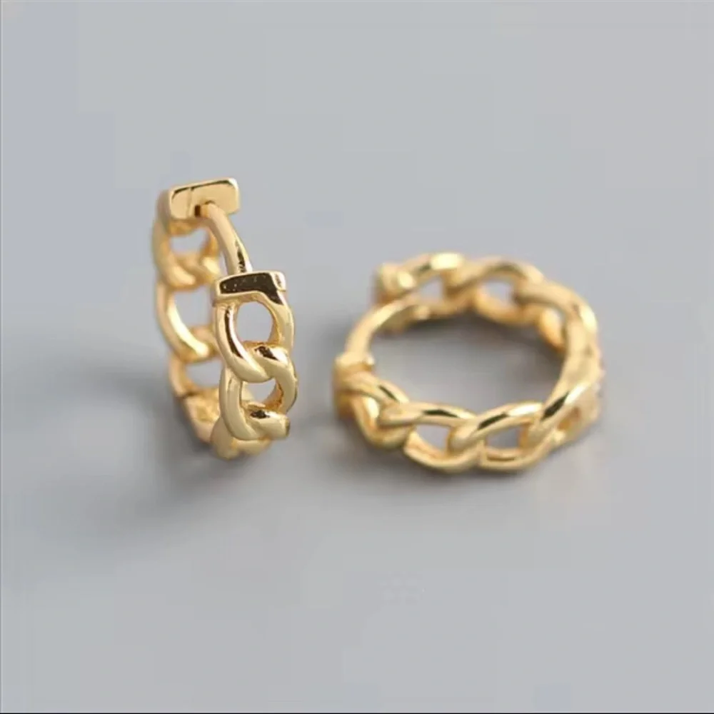 Minimalist Mini Gold Plated Chain Hoops Basketweave Link Earrings Gifts S925